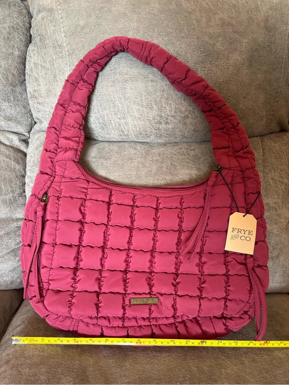 FRYE & Co quilted shoulder hobo bag in cranberry juice color